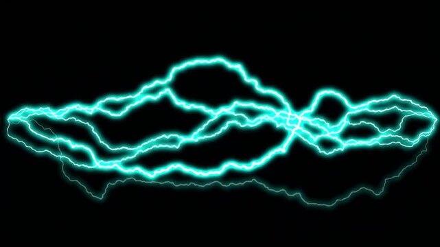 "Horizontal Cyan Lightning Arc Flowing: High-Voltage Electrical Current VFX Overlay Isolated on Black Background"