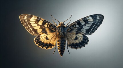 Naklejka premium Yellow and black moth positioned with wings open on neutral backdrop