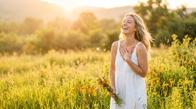 Joyful woman laughing in a field during golden hour sunlight, concept of Summer Solstice Day  