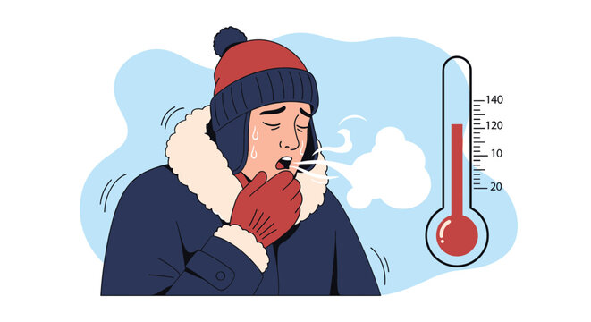 Sick person wearing winter clothes shivers and coughs next to a thermometer showing a high fever temperature.