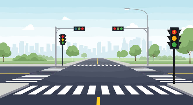 City road intersection with pedestrian crossings and traffic lights under a clear sky in an urban neighborhood.