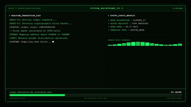 Sci fi quantum ledger subsystem UI screen showing green real time transaction logs crypto metrics graph and distributed sync progress bar.