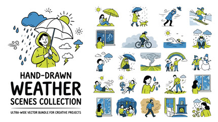 Obraz premium Hand-drawn weather scenes collection, seasonal climate icons vector bundle, diverse meteorological conditions and outdoor activities set