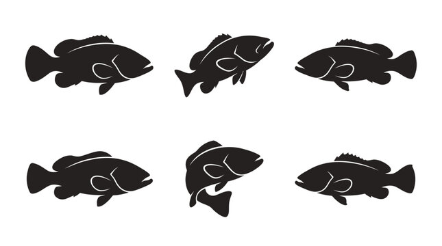 different black grouper fish silhouettes on a clean white background, minimalist vector style.