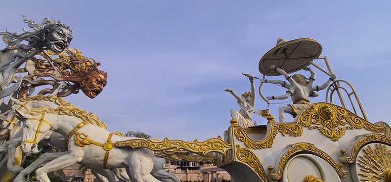 Giant Sculpture of a Holy Chariot Drawn by White Horses with Hindu Deities from Ancient Mythology at Mahakal Corridor Ujjain