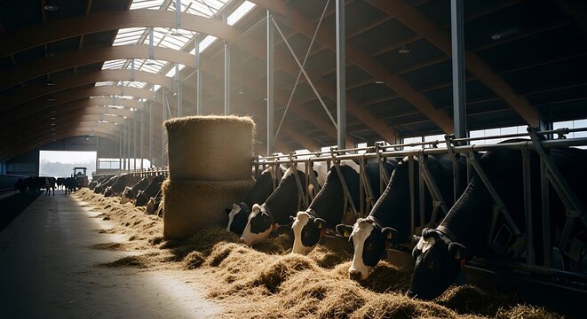 Holstein cows feeding in a modern dairy farm stable under sunlight