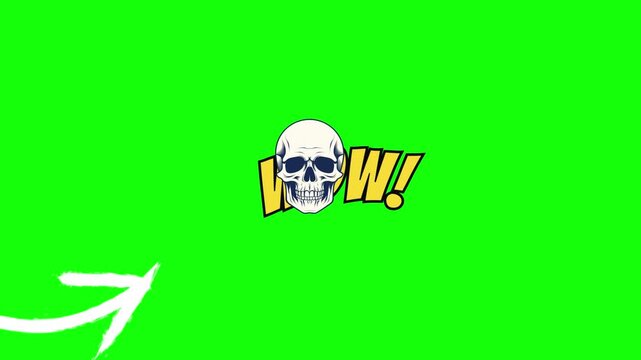 Vibrant Comic Style Explosion with Skull and Wow Text on Green Screen