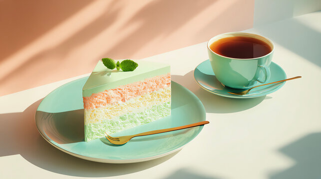 Delicious cake slice and coffee with a modern aesthetic