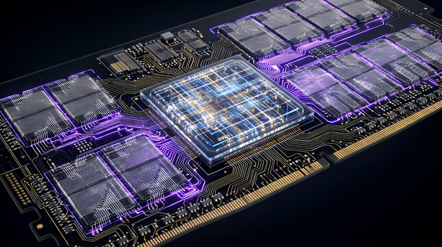 Memory module features multiple integrated circuits with glowing blue light paths highlighting data flow and high speed connectivity across the black surface of the advanced computer hardware.