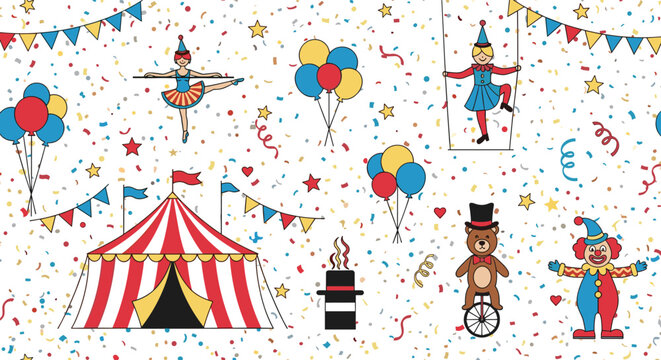 Vibrant circus pattern is filled with fun elements like tents, clowns, acrobats, balloons, and confetti to create a festive celebration atmosphere.