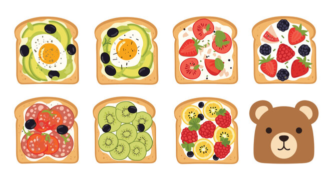 Delicious assortment of gourmet breakfast toast slices topped with avocado, eggs, fruits, and vegetables beside a bear.