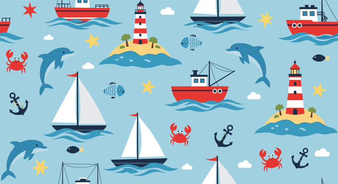 Charming seamless pattern featuring sailboats, fishing boats, dolphins, lighthouses, and sea creatures on a blue background.