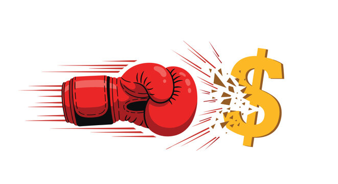 Powerful red boxing glove punching and shattering a golden dollar sign to symbolize financial struggle or inflation.