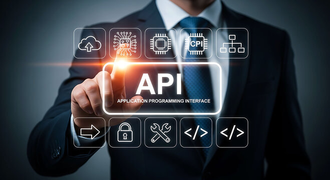 Businessman pointing at API application programming interface virtual screen