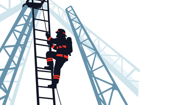 Silhouette of a brave firefighter in full protective gear climbing up a ladder during an emergency operation with steel structure in background.