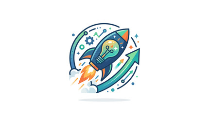 Rocket ship launching with idea lightbulb inside, symbolizing innovation and startup growth © Partial
