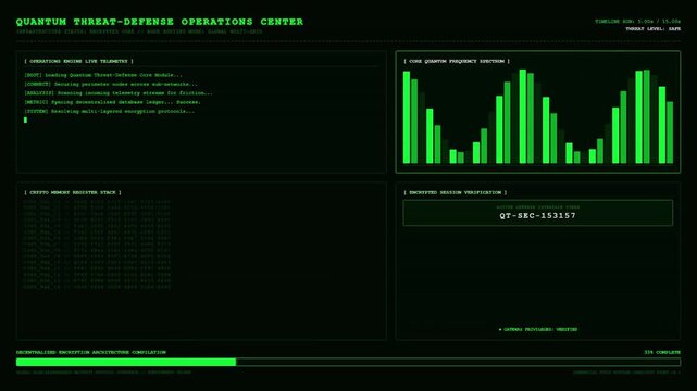 Sci fi quantum threat defense operations center UI screen showing green telemetry logs frequency spectrum graph and encryption progress bar.