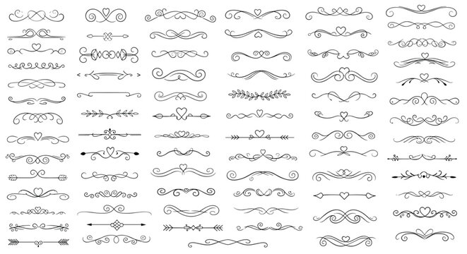 Massive collection of hand-drawn black and white page dividers, borders, and decorative flourishes for text separation and layouts.