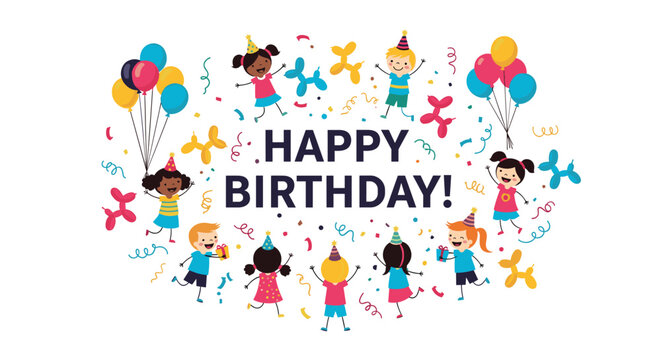 Festive happy birthday celebration banner is surrounded by a diverse group of joyful children, colorful balloons, and bright confetti.