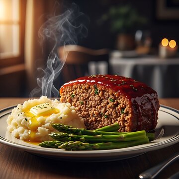 Traditional glazed meatloaf with creamy mashed potatoes and asparagus
