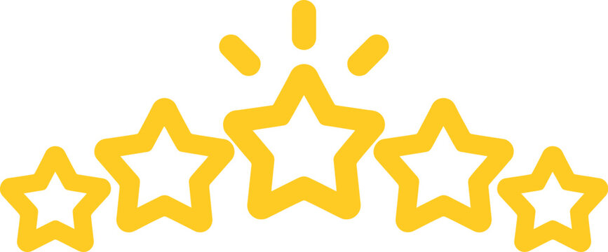 Five stars, icon, yellow rating symbol isolated on white background representing customer review quality score and feedback system.