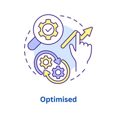 Fototapeta premium Optimisation Process Icon: A graphic illustration depicting a magnifying glass over a gear with a checkmark, gears in a cycle, and a hand pointing to an upward trending graph.
