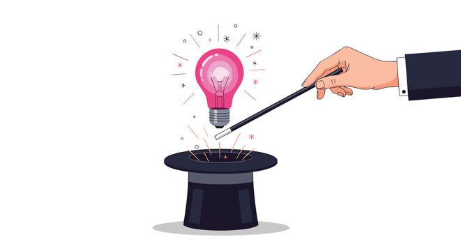 Magician hand holding a wand over a black top hat as a bright pink lightbulb appears representing a sudden creative magic trick.