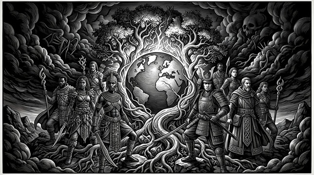 A diverse group of warriors and mystical figures stand united around a stylized, ancient tree with roots entwined with the earth, set against a dramatic, dark, and smoky background.