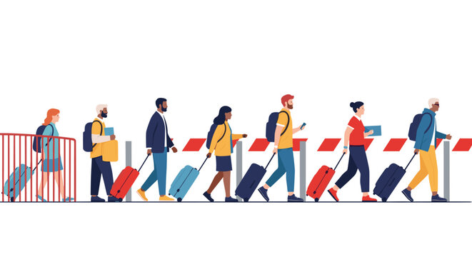 Line of diverse passengers with rolling luggage walk through a boarding gate or barrier at an airport or station for their journey.