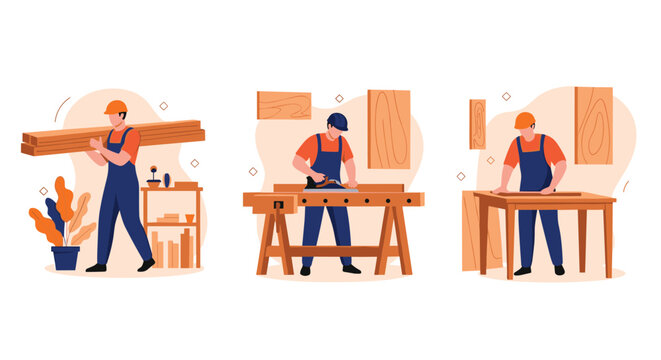 Team of skilled carpenters wearing orange helmets and blue overalls working with wood at their workbenches in a workshop.
