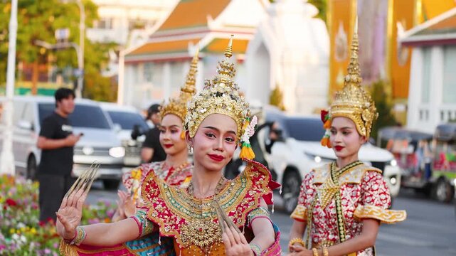 Traditional Thai Khon Manohra Dancers Performing at Wat Suthat Temple