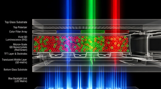 Display panel architecture shows the layered integration of nanocrystals and light emitting diodes to produce high resolution visual output for modern electronic devices with deep black backgrounds.