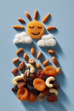 Assorted nuts and dried fruits falling as rain from a smiling sun on blue texture in a whimsical flat lay for nutritious snack marketing design