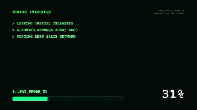 Sci fi probe console UI screen showing green deep space network logs and orbital telemetry sat loading progress bar.