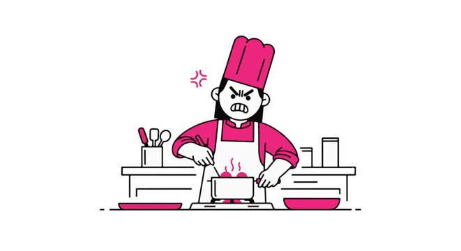 Cartoon Angry Chef Cooking in Busy Kitchen Scene.