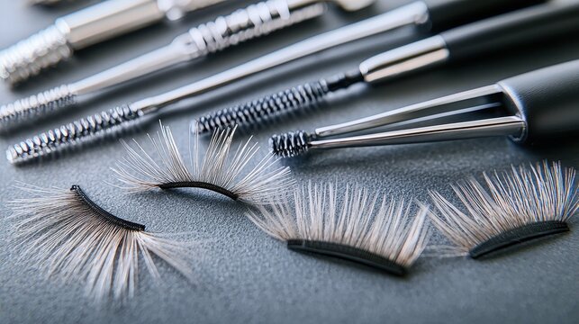 Lash growth direction detailed macro shot false eyelashes mascara wands individual lash strips professional beauty tools gray surface