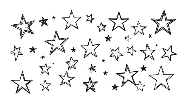 Black hand-drawn stars of varying sizes scattered across a white background. Some have a double outline, creating a playful appearance