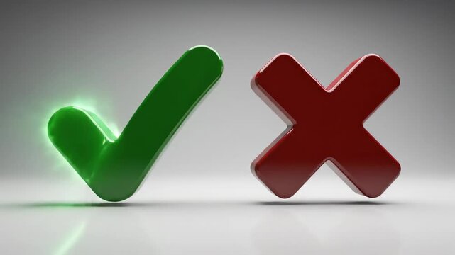 3 d green check mark and red x symbol animation for decision making and choice concepts