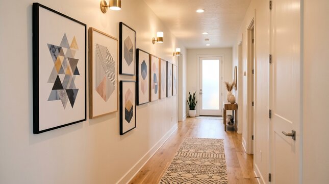 Modern home hallway interior with gallery wall of geometric art and light wooden floors with a runner rug