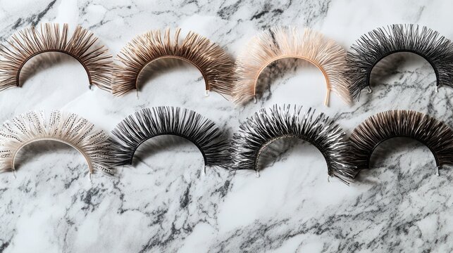 Lash growth direction false eyelashes multiple curl patterns macro shot marble background various lengths angles beauty training cosmetic application techniques