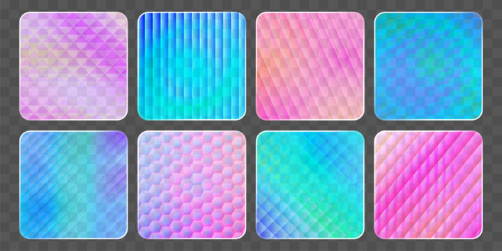 Ribbed glass panels with geometric color pattern. Vector realistic illustration of transparent corrugated plastic frames with overlay effect and soft gradient, modern product display design elements
