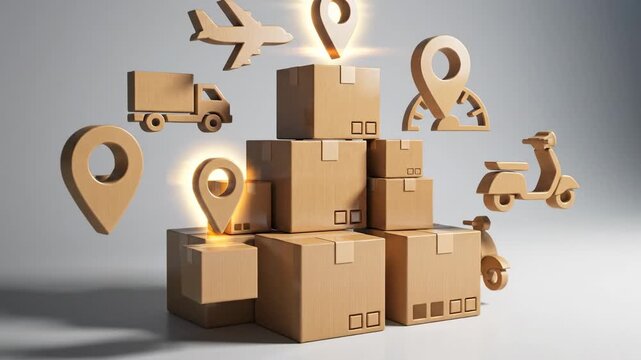 3 d logistics and global shipping concept with cardboard boxes, delivery and tracking pins