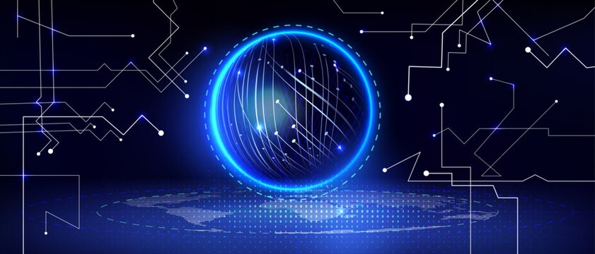 Neon Earth's globe with glowing blue network lines and motion effect, abstract vector background. 3d world map visualization with arrows, connected data points, digital sphere for technology design