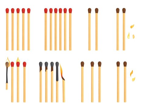 Cartoon illustration featuring matches in various stages, from unlit to burning, with flames depicted