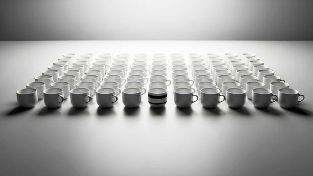 A striking black camera lens mug stands out distinctly amidst a sea of identical white coffee cups, symbolizing individuality, uniqueness, and the power of being different in a uniform landscape