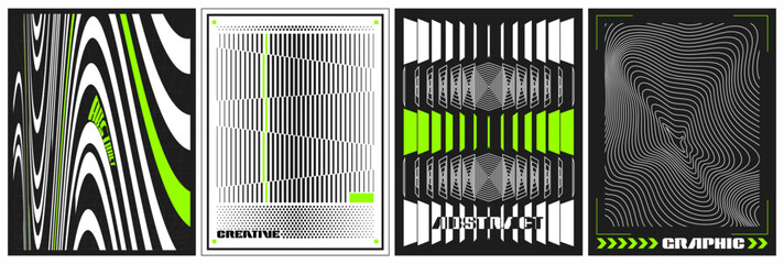 Obraz na płótnie Canvas Abstract geometric brutalist y2k posters, black white pattern. Vector realistic illustration of retro banners with distorted wireframe shapes, cyberpunk design graphics, futuristic illusion 3d flyers