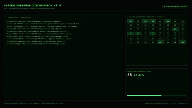 Sci fi system terminal diagnostics UI screen showing green console output logs and CPU core architecture integration grid.