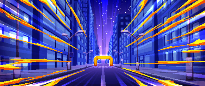 Night city street with speed motion trails. Vector cartoon illustration of urban buildings, neon streaks, dark road, fast run or car race scene with speed effect, finish arch on perspective background