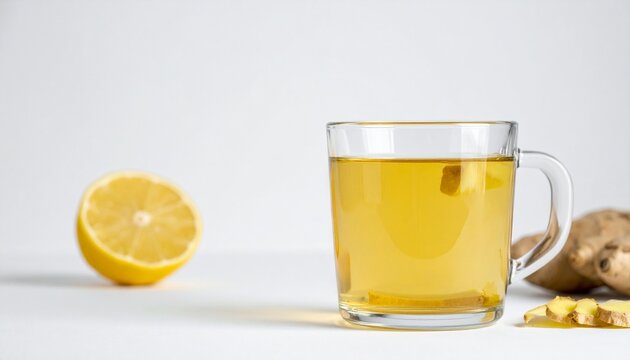 Fresh ginger tea in a glass mug, cozy atmosphere, clean light background with generous copy space, healthy beverage concept