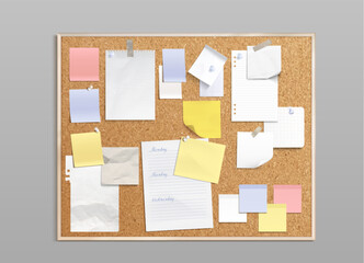 Realistic paper memo notes pinned to cork board. Vector illustration of torn and crumpled sheets, colorful sticky note pages and thumbtacks, office or school planner design, blank scrapbook stickers © klyaksun